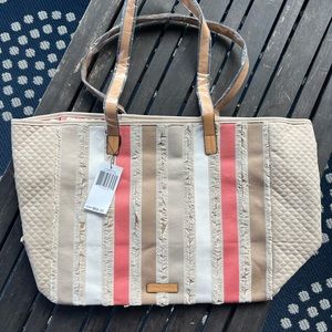 Vera Bradley Fringed tote beach bag in neutral stripe